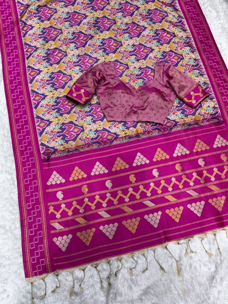 Meenakari Soft Silk Saree with Ikat Print - Royal Violet